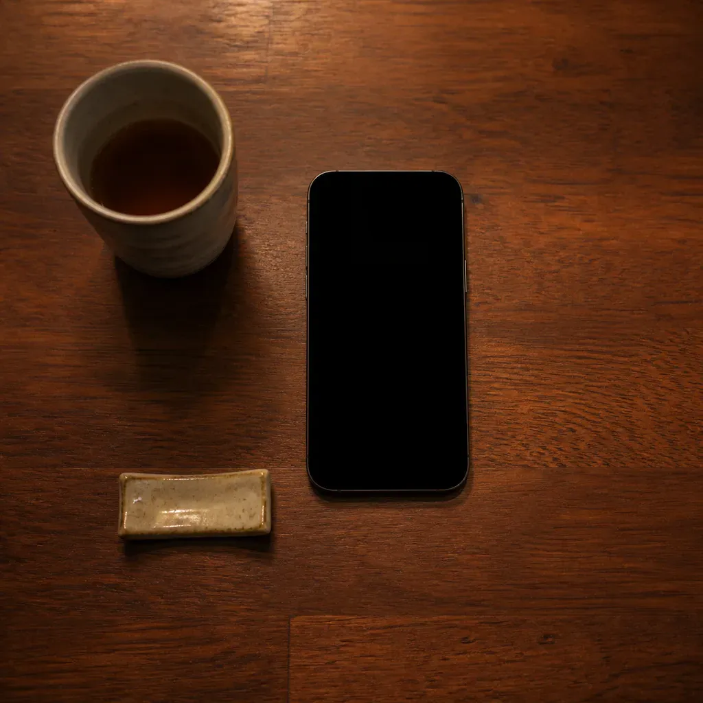 消灯したスマートフォンと湯呑みが置かれた飲食店のテーブル
