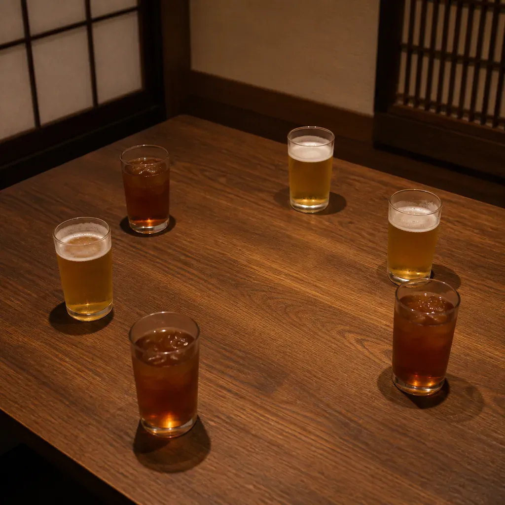 食事会の開始前に並べられたビールとウーロン茶の6つのグラス